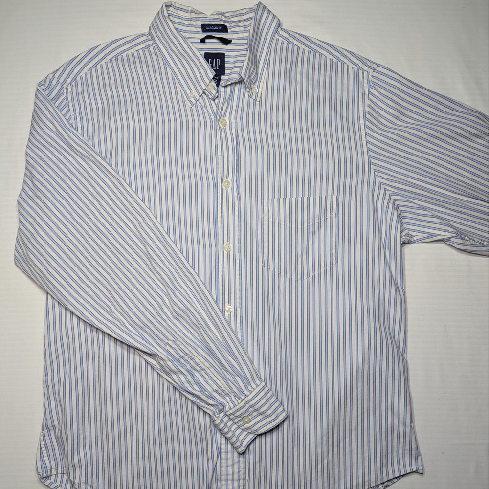 GAP Classic Fit Striped Button Down Shirt Blue White Cotton Relaxed Y2K